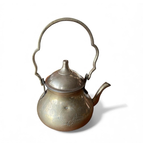 Vtg Brass Teapot Kettle Lid Ornate Handle Etched Floral Design MCM Accent Decor - Picture 8 of 9